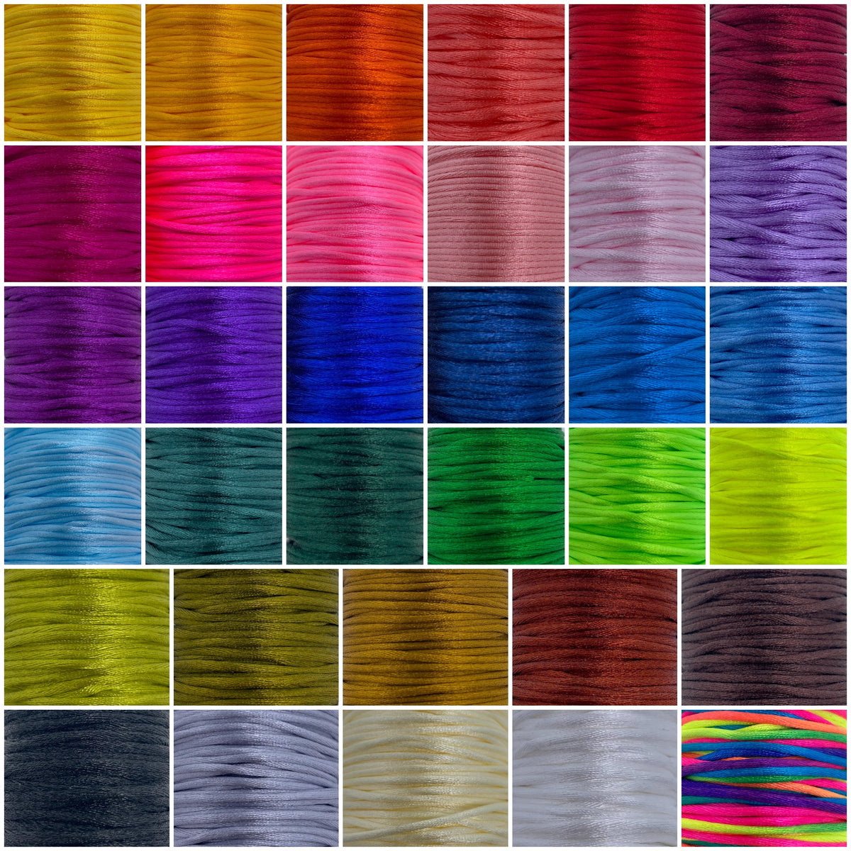 Nuancier des 34 couleurs de cordon satin 2 mm pour bracelet Dinh Van, Cartier, Messika